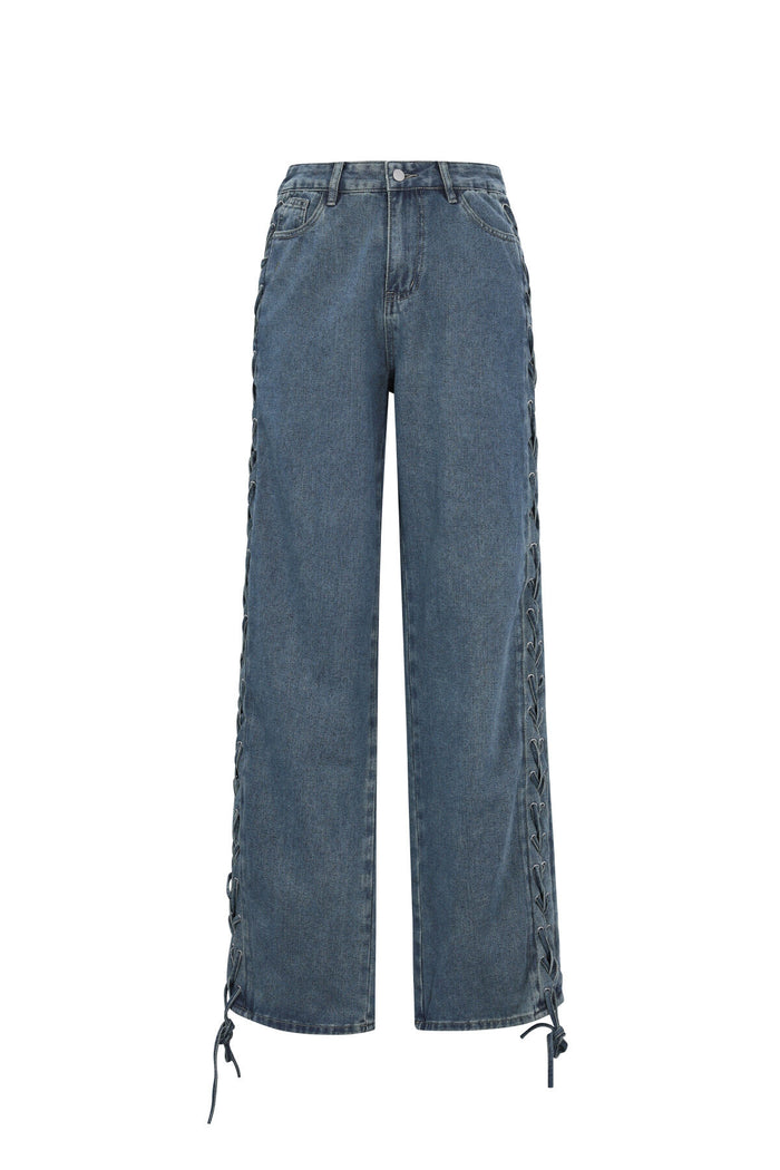 Blauwe straight leg jeans met lace-up veters langs de zijnaad