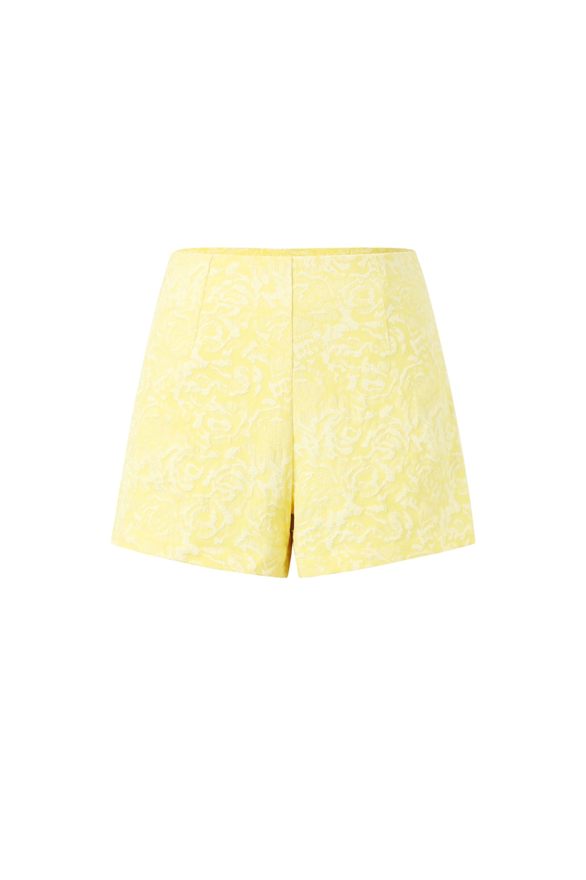 Gele high-waisted short van polyester met wit bloemenpatroon en tailored fit