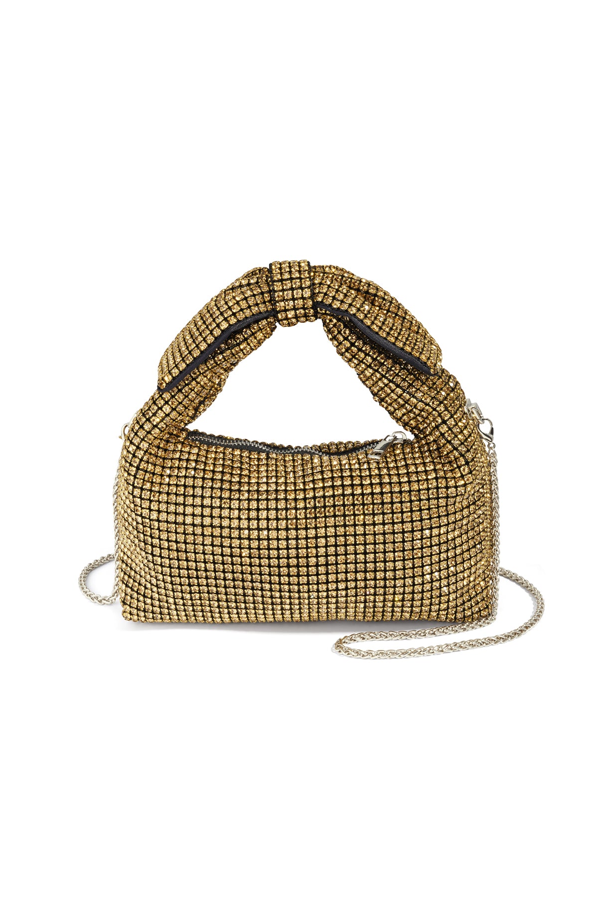 Goudkleurige mesh clutch met zwarte strik handgreep