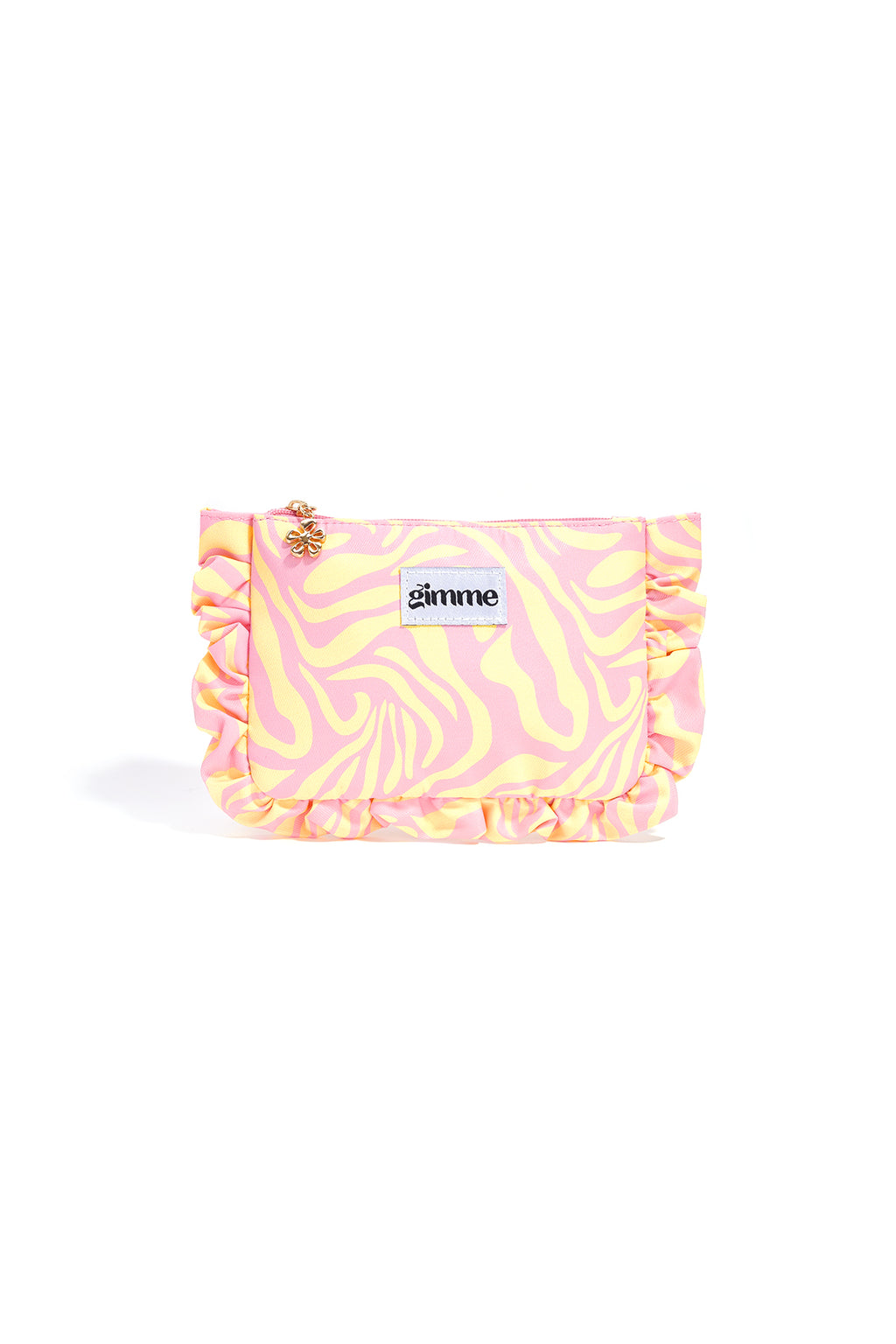 Roze make-up tasje met gele ruffle rand van polyester
