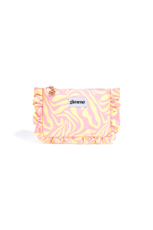 Roze make-up tasje met gele ruffle rand van polyester