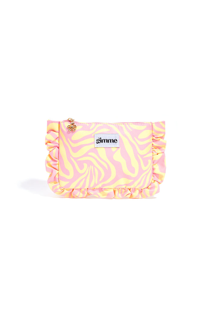Roze make-up tasje met gele ruffle rand van polyester