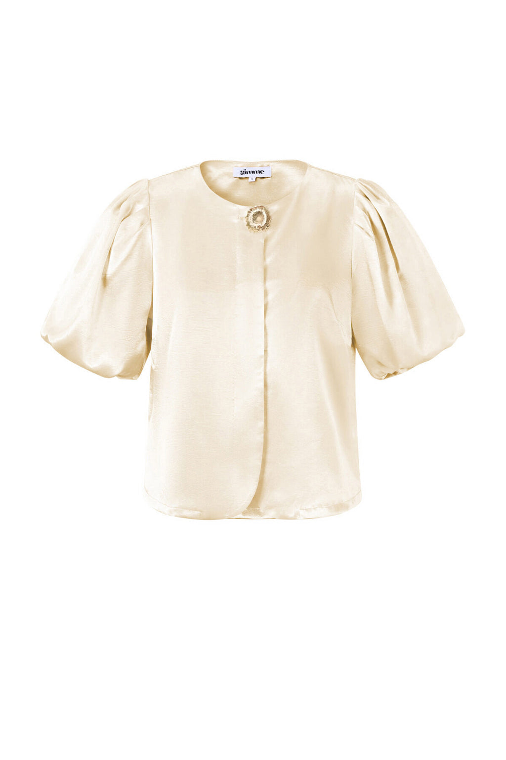 Crème korte mouw blouse met ronde knoop en pofmouwen