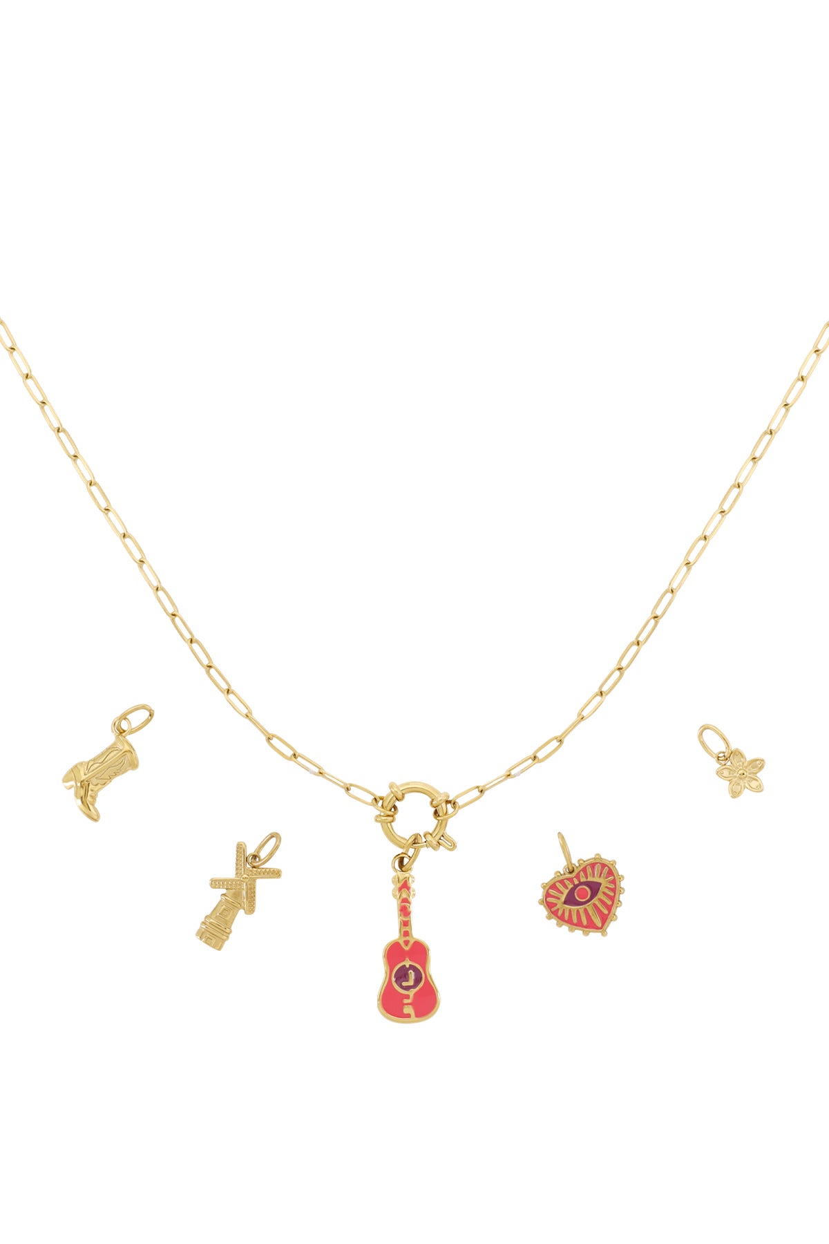 Gouden DIY charm ketting met rode gitaar, bloem, hartjes en laars charmes