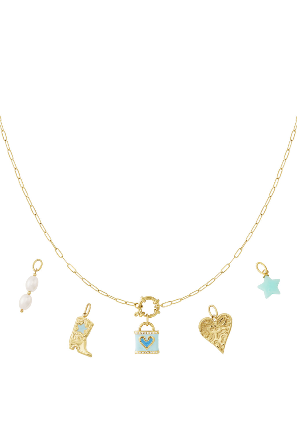 Gouden DIY charm ketting met hart, laars en ster hangers van emaille