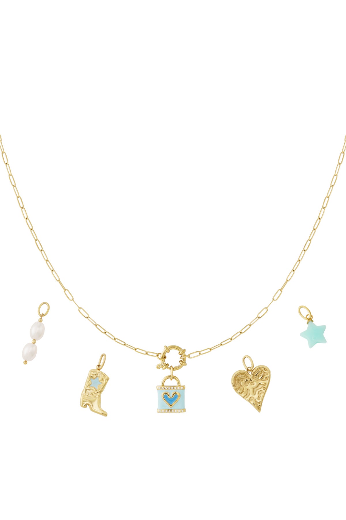 Gouden DIY charm ketting met hart, laars en ster hangers van emaille