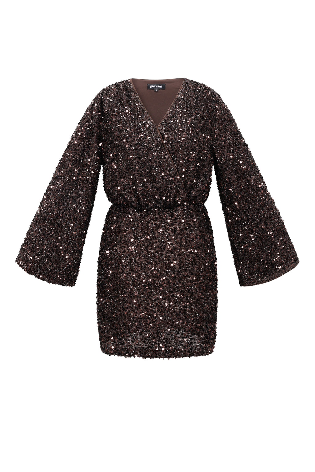 Bruine mini jurk bedekt met glinsterende sequins en wijde mouwen