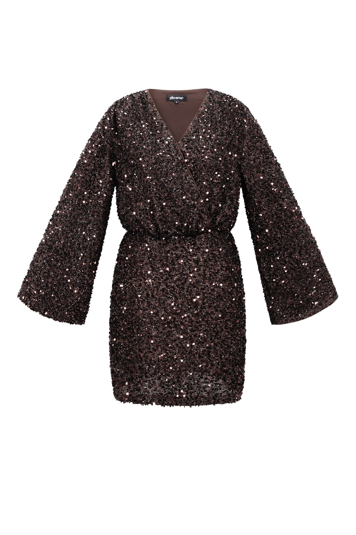 Bruine mini jurk bedekt met glinsterende sequins en wijde mouwen