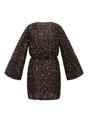 Bruine mini jurk bedekt met glinsterende sequins en wijde mouwen