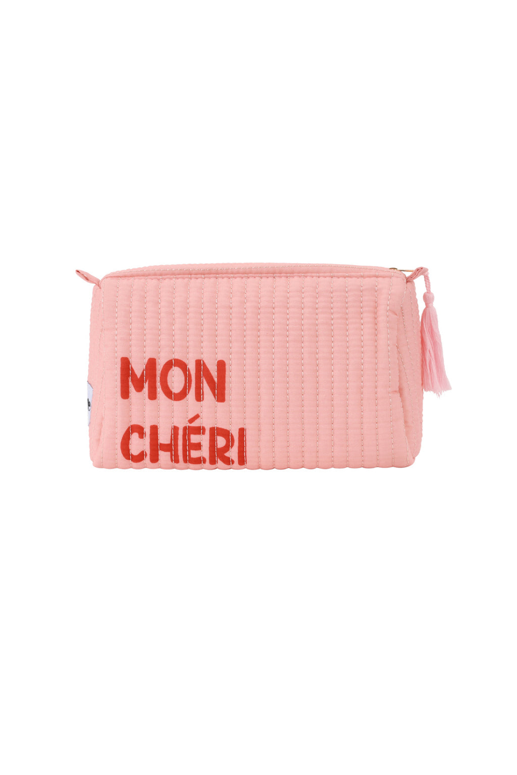 Grote roze polyester make-up tas met Mon Chéri tekst in rode letters
