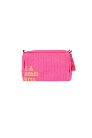 Fuchsia polyester make-up tas met goudkleurige La Dolce Vita letters