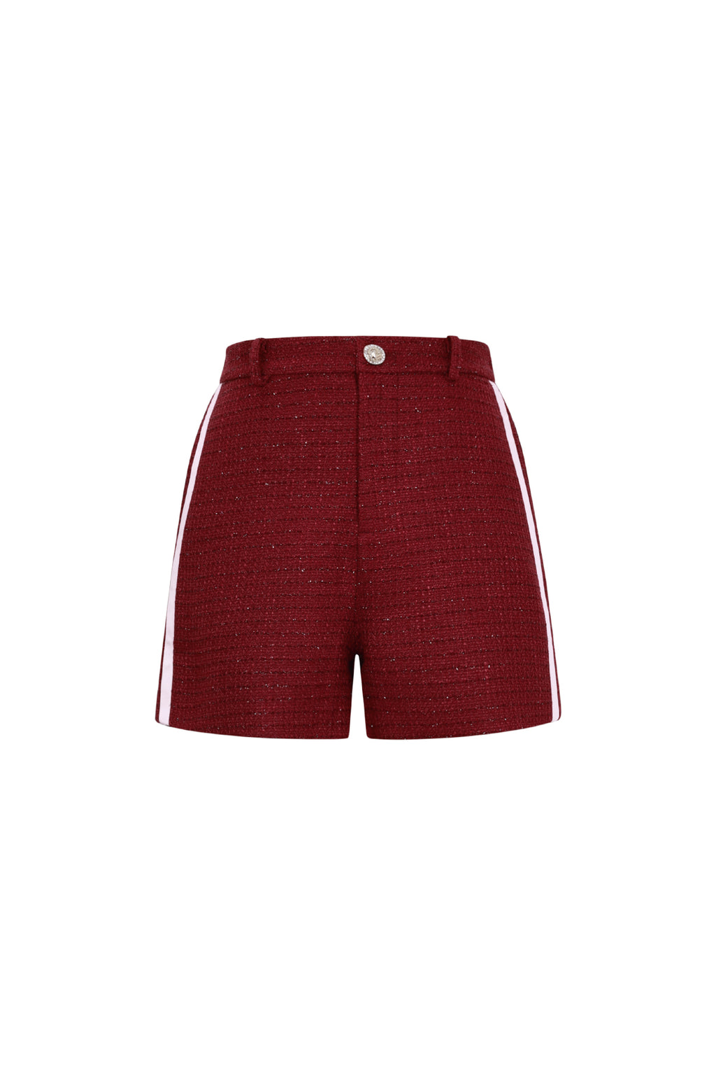 Bordeaux high-waisted shorts met bouclé textuur en knoopsluiting