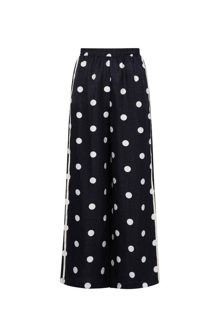Zwarte wijde broek met witte polkadots en hoge taille