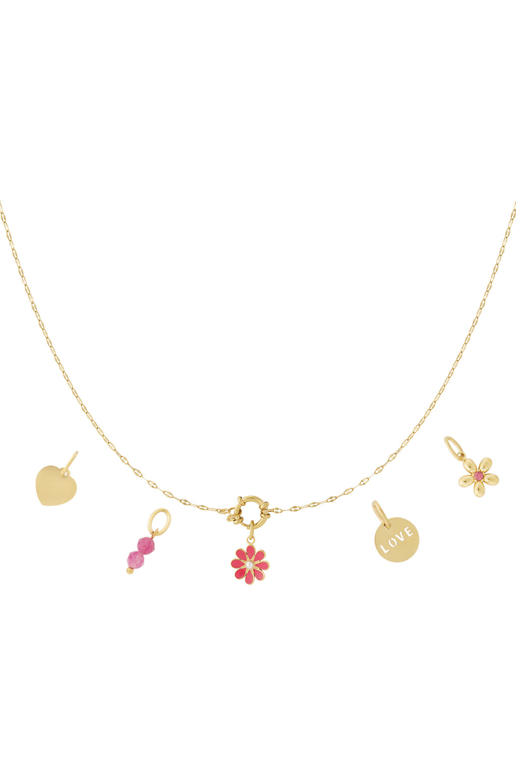 Gouden charm ketting met rode bloem, muntje en sterretje hangers