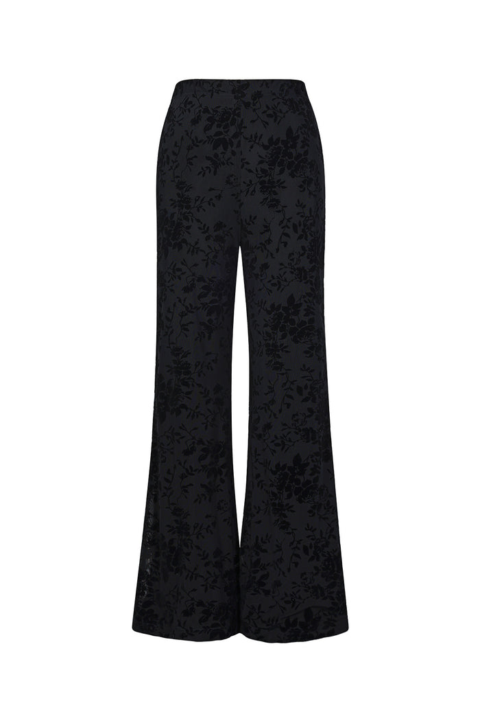 Zwarte mesh broek met suède bloemenprint en wijdvallende pijpen