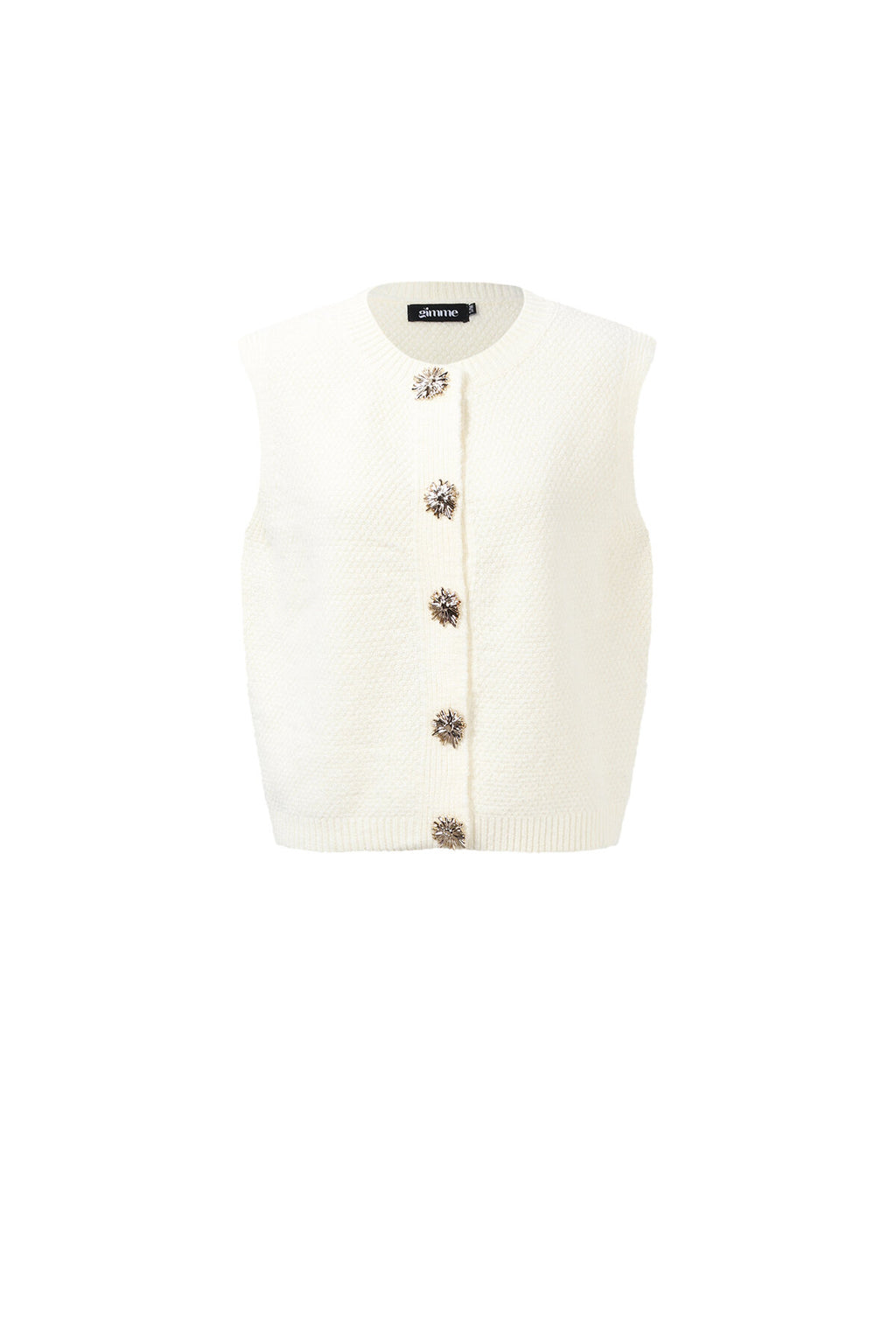 Wit polyester gebreid vest met vijf gouden metalen knopen