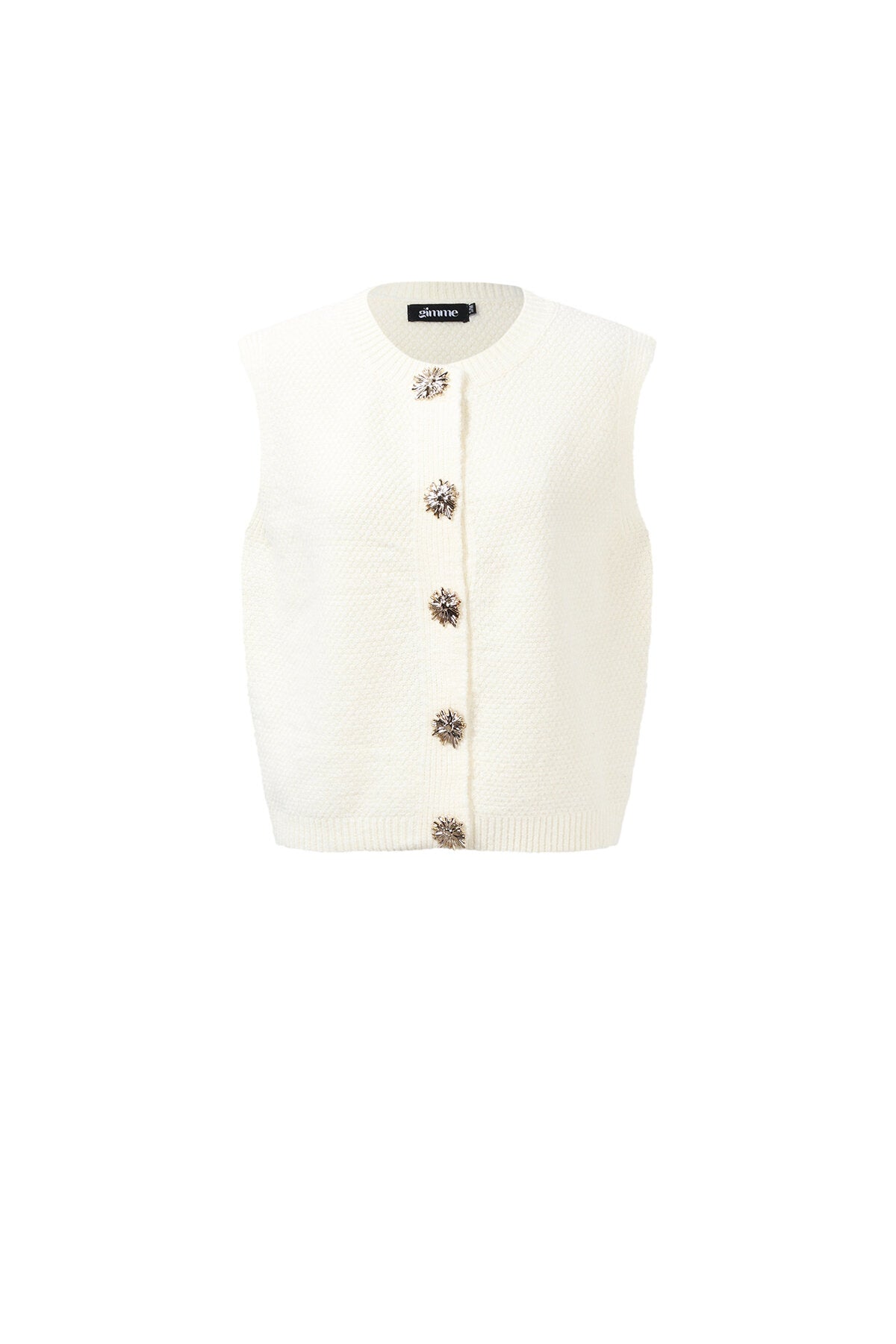 Wit polyester gebreid vest met vijf gouden metalen knopen