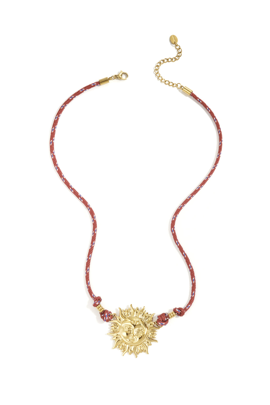 Goudkleurige zon hanger ketting met wijnrode kralen van roestvrij staal