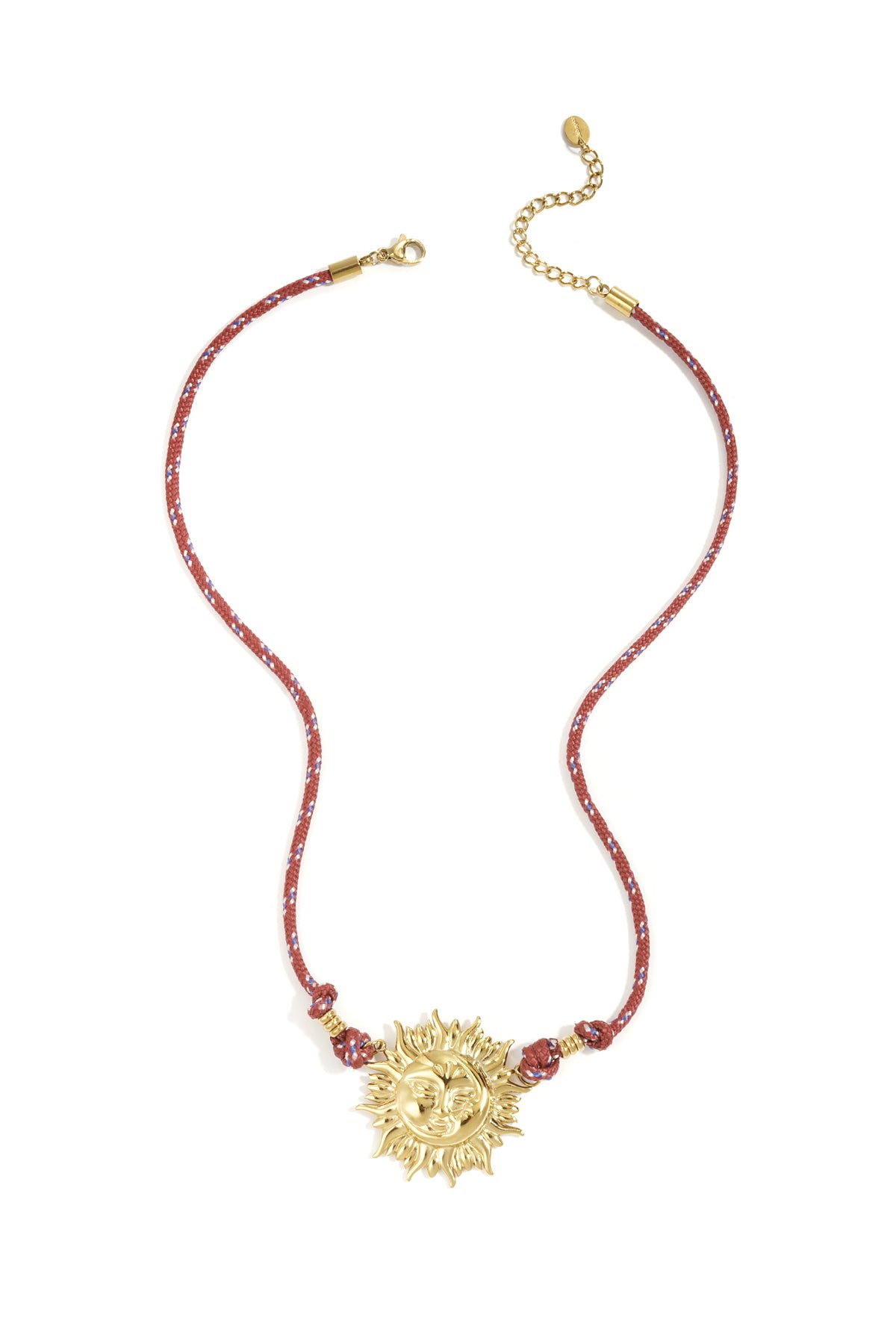 Goudkleurige zon hanger ketting met wijnrode kralen van roestvrij staal