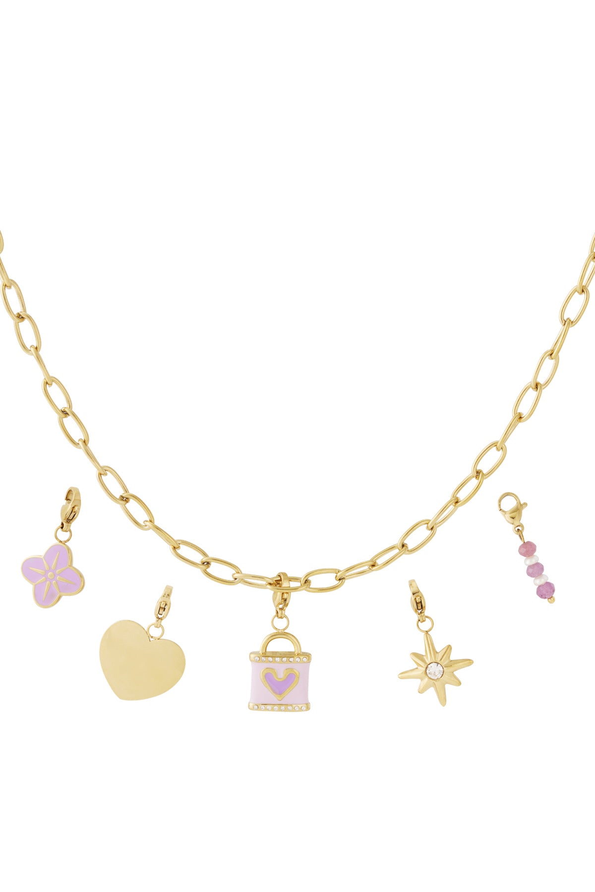Gouden DIY schakel ketting met hart, ster, parfumflesje en paarse charmes