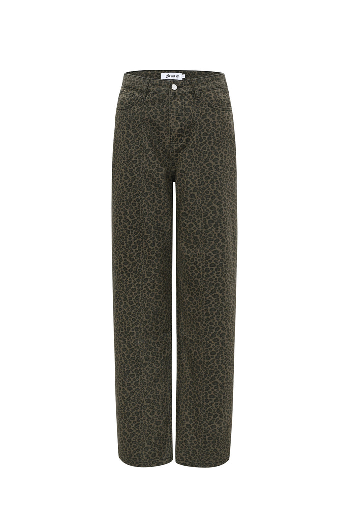 Bruine straight leg jeans met leopard print patroon