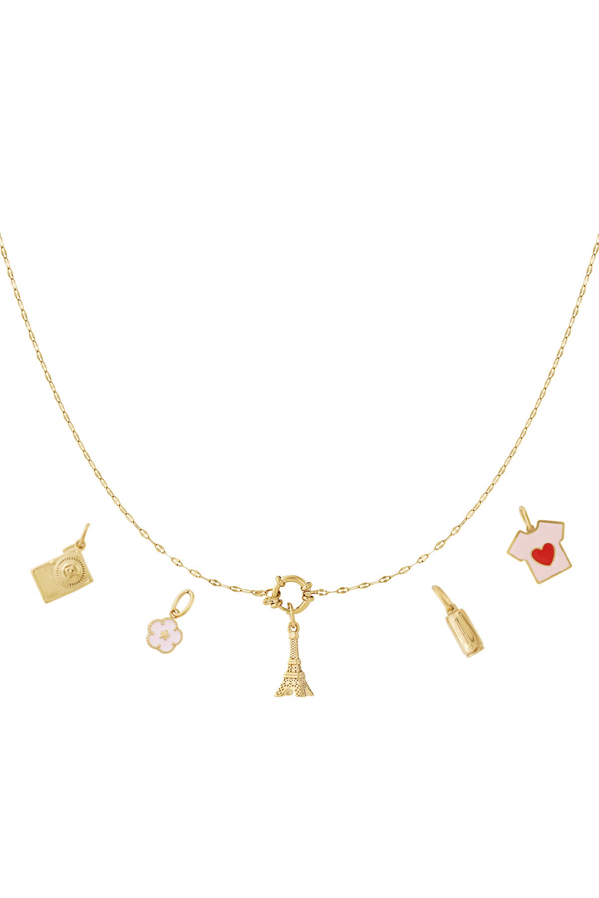 Gouden charm ketting met Eiffeltoren hanger, hartjes en bloem charmpjes