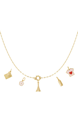 Gouden charm ketting met Eiffeltoren hanger, hartjes en bloem charmpjes