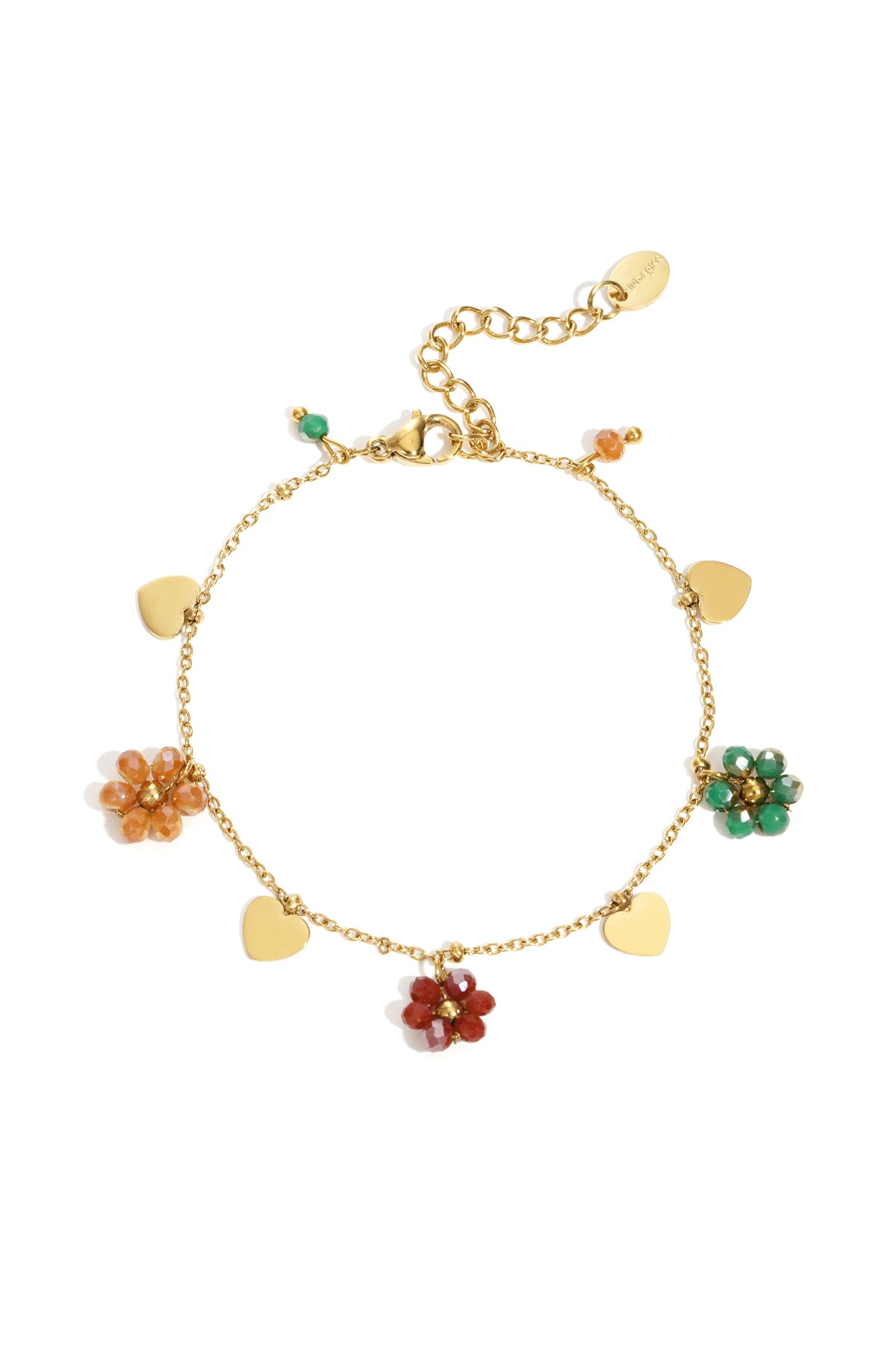Gouden charm armband met kleurrijke bloem charms en kristal hartjes