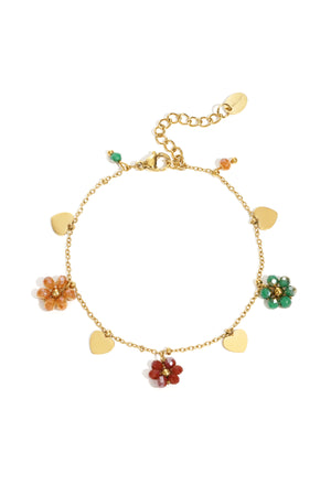 Gouden charm armband met kleurrijke bloem charms en kristal hartjes