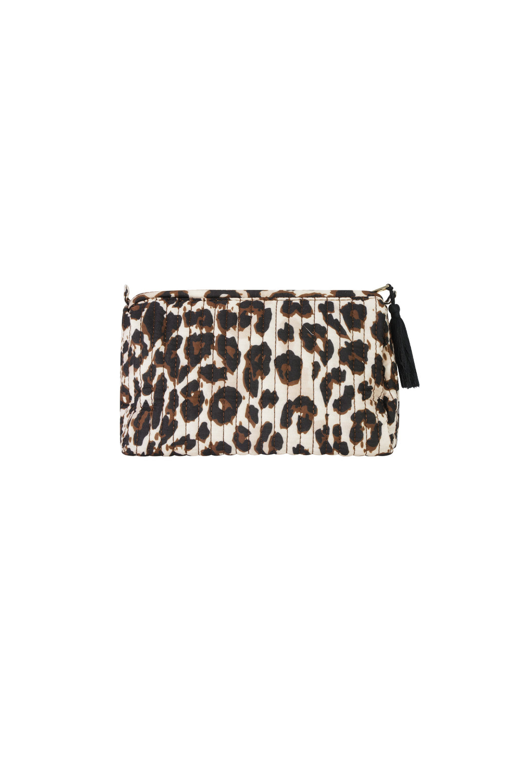 Make-up tas met bruine leopardvlekken op beige polyester ondergrond
