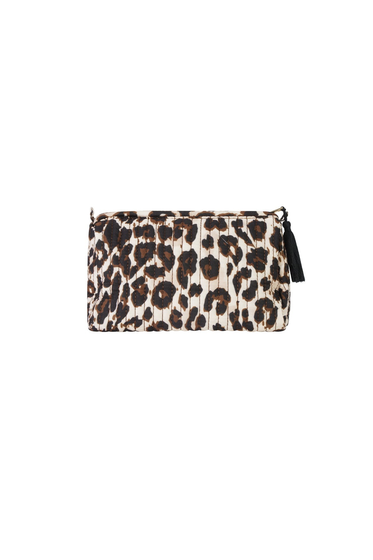 Make-up tas met bruine leopardvlekken op beige polyester ondergrond