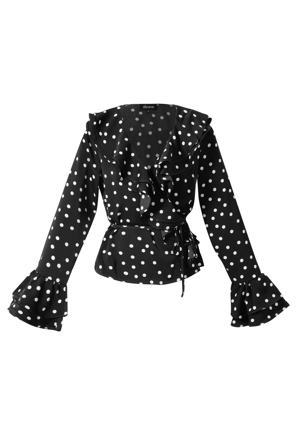 Zwarte wrap blouse met witte polkadots en ruches aan de mouwen