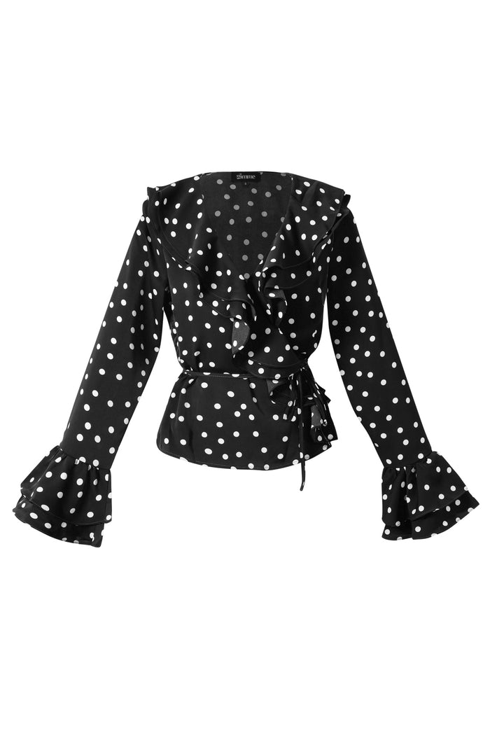 Zwarte wrap blouse met witte polkadots en ruches aan de mouwen