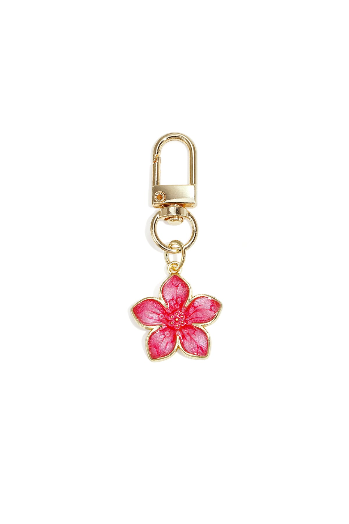 Roze emaille bloesem sleutelhanger met goudkleurige bevestiging
