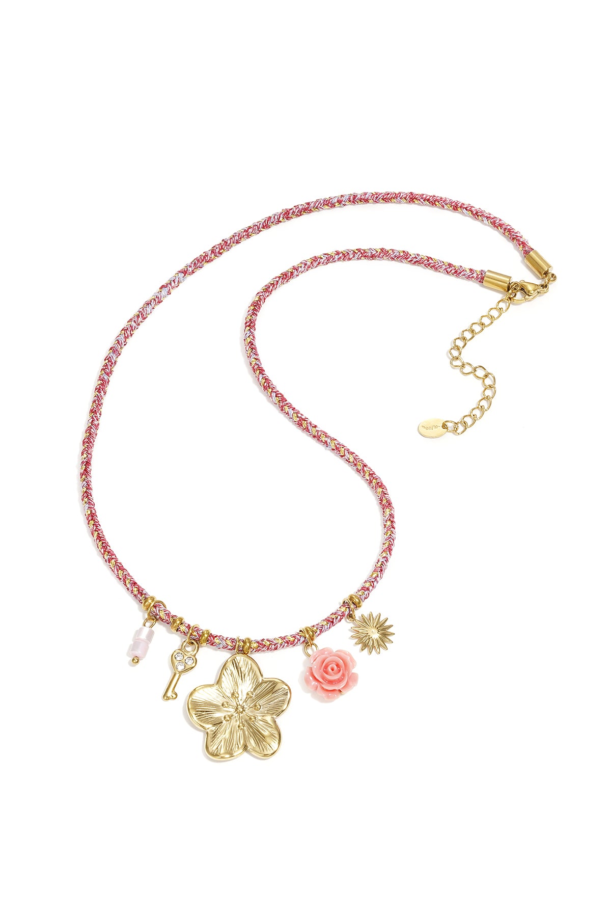 Roze kralen ketting met goudkleurige charmes bloem sleutel en roos