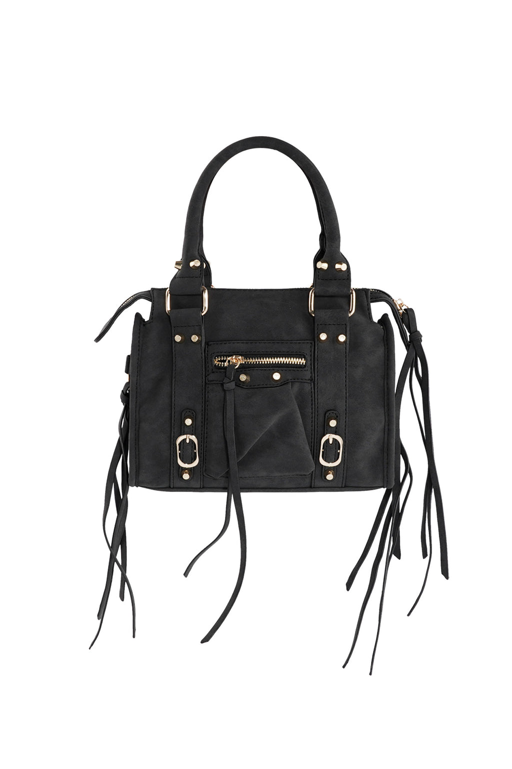 Zwarte vegan leren handtas met franje details en gouden hardware