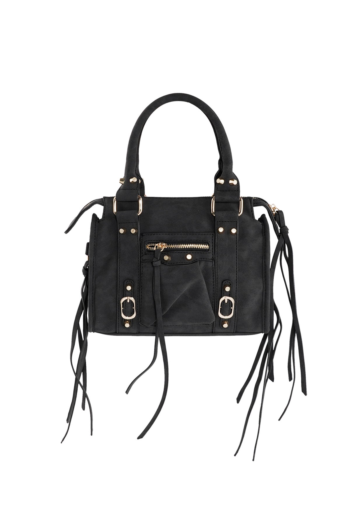 Zwarte vegan leren handtas met franje details en gouden hardware