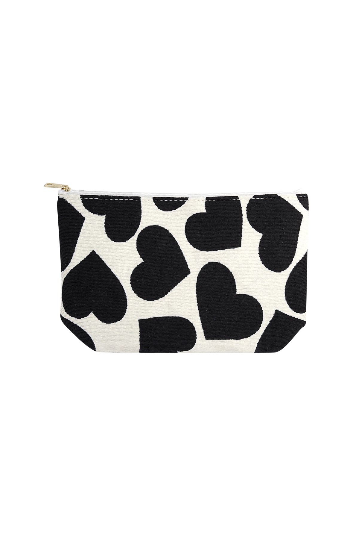 Crème polyester beautycase met zwarte harten patroon en goudkleurige rits