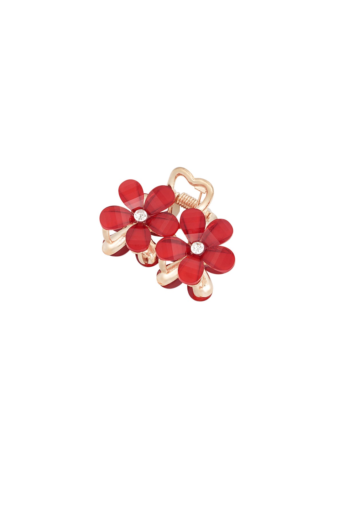 Rode haarclip met twee kleine bloemen van metaallegering met emaille