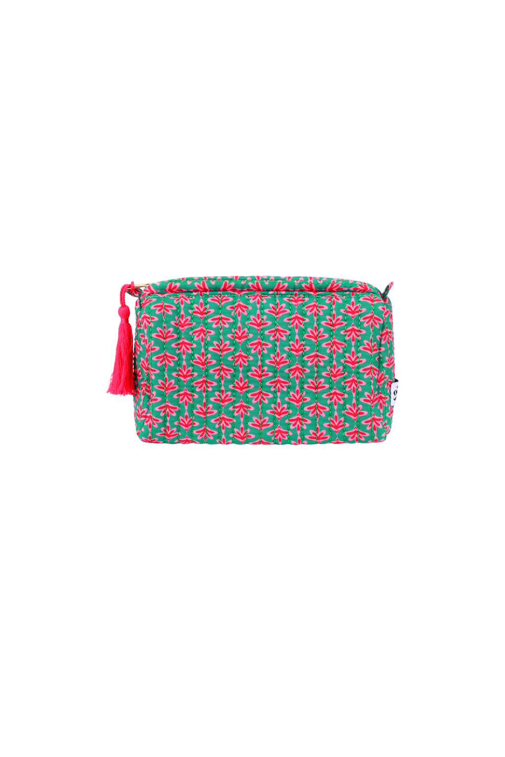 Turquoise polyester make-up tasje met roze en groene bloemenprint en roze kwast