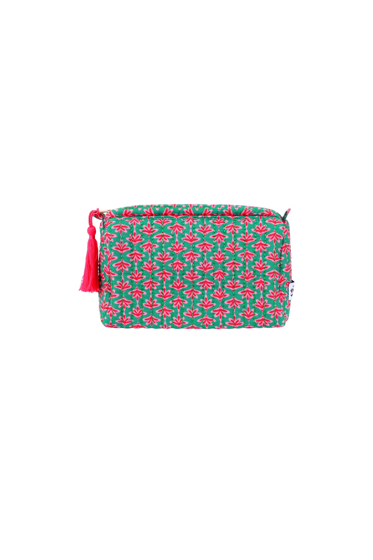 Turquoise polyester make-up tasje met roze en groene bloemenprint en roze kwast