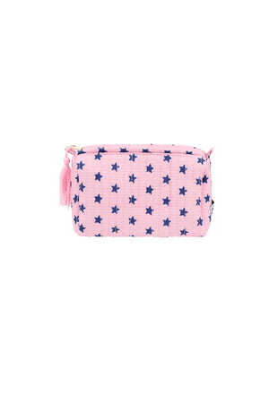 Roze polyester make-up tasje met blauwe sterrenprint en rits