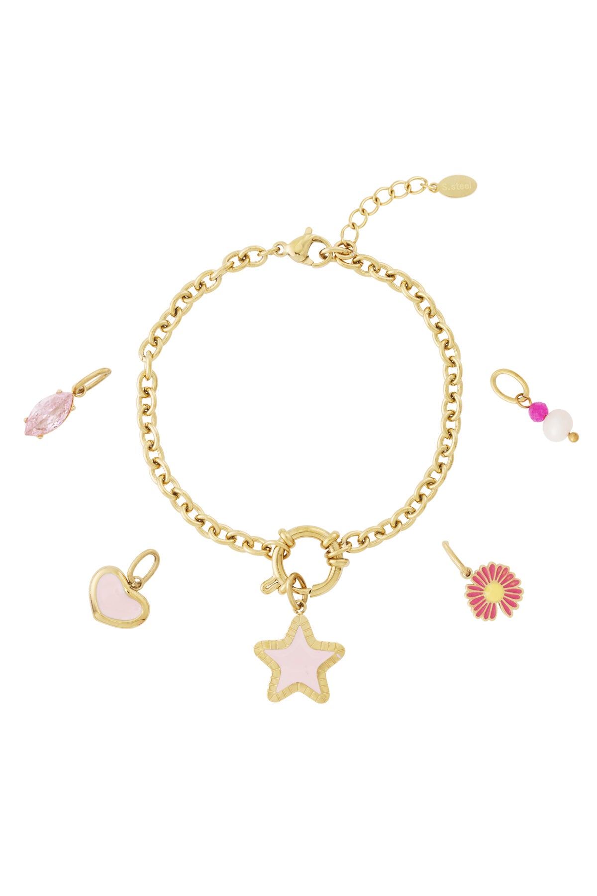 Gouden schakel armband met roze ster en hart charms