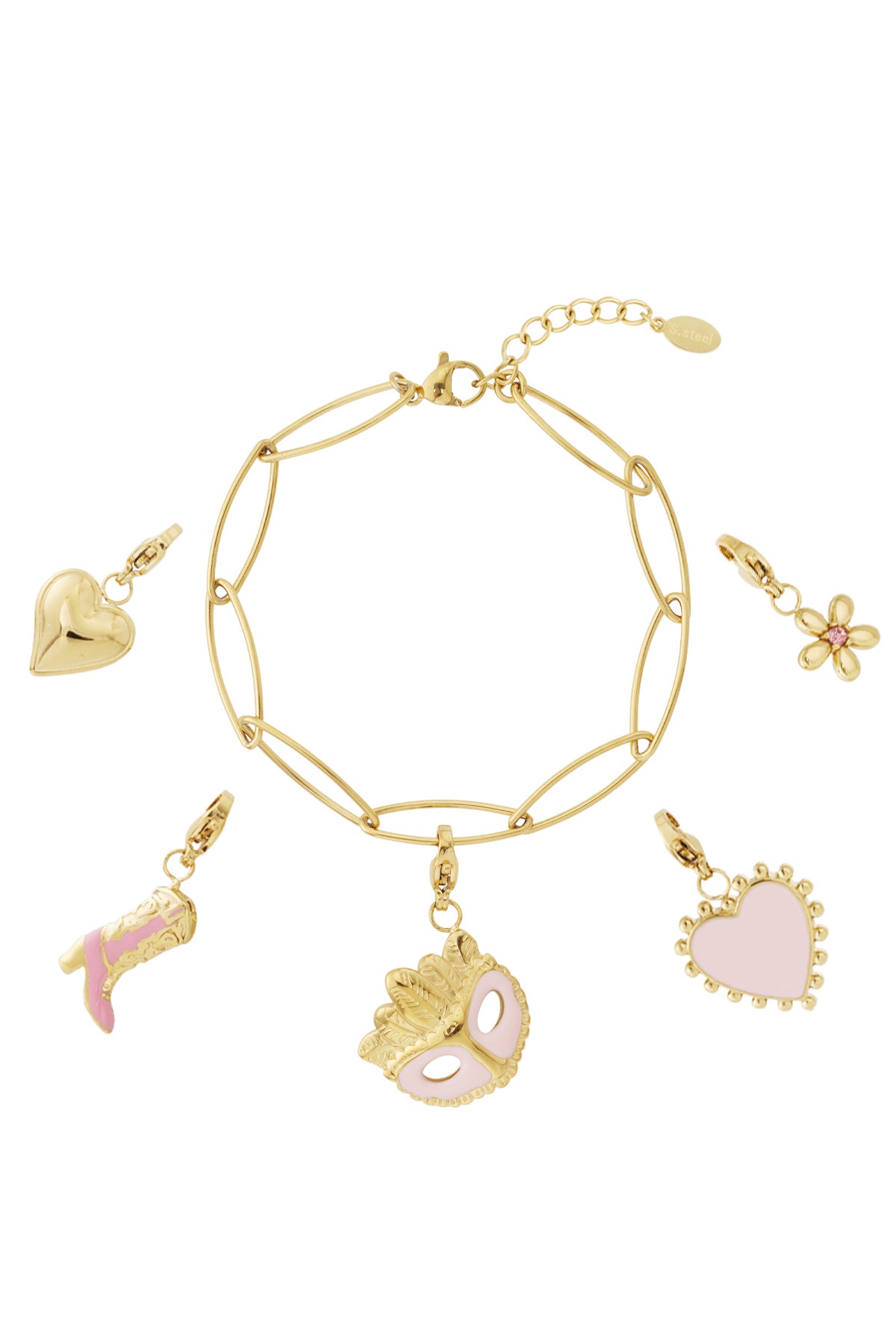 Gouden schakel armband met roze masker, eenhoorn, hart, bloem en laars charmes