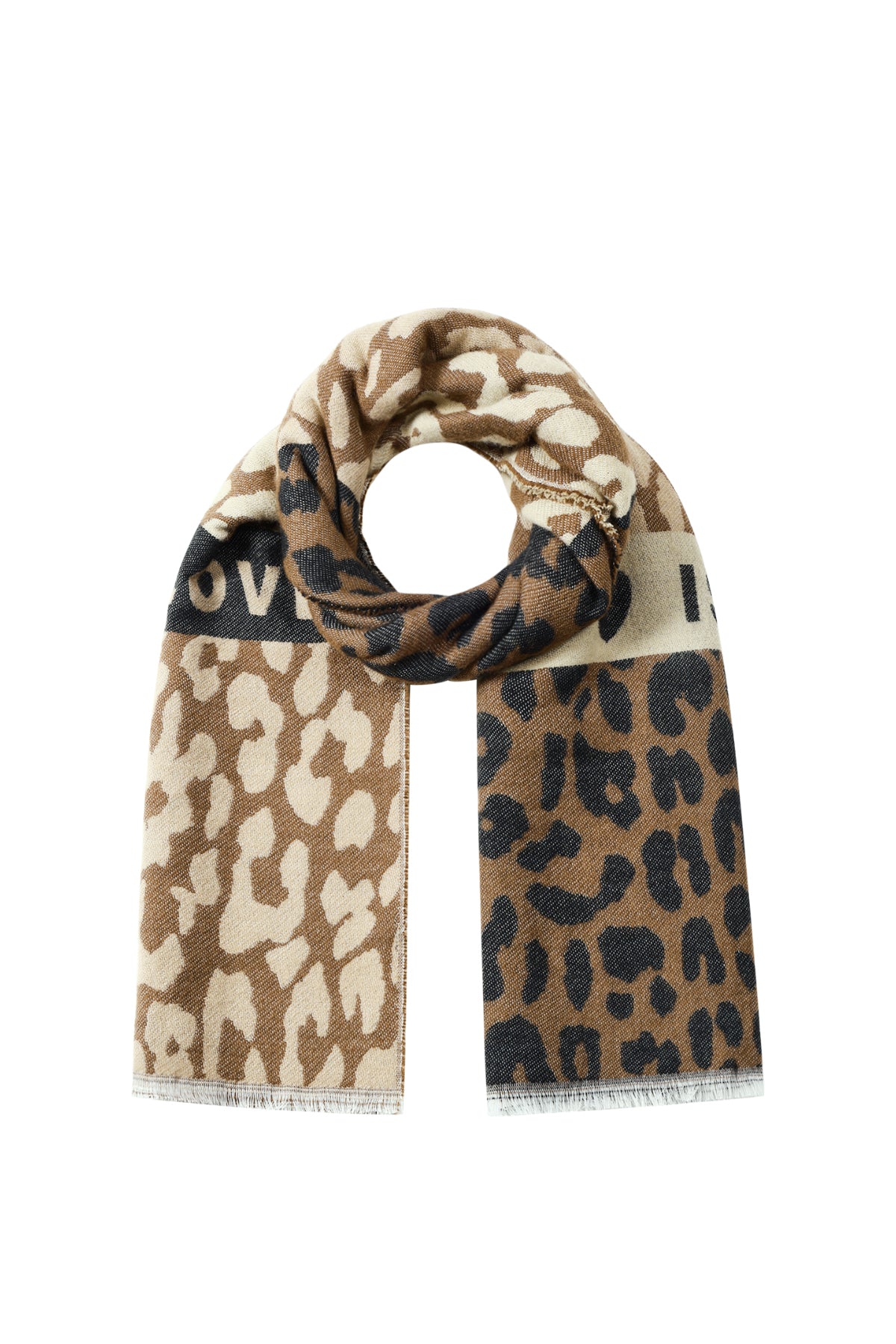Beige en bruine luipaard print sjaal van acryl met franjes