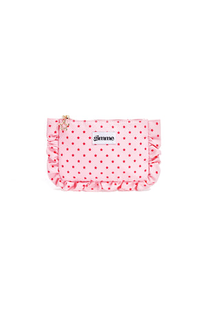 Roze make-up tasje met witte stippen en ruches rand