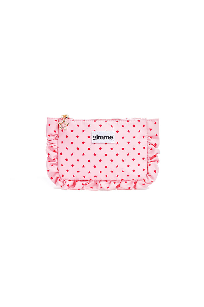 Roze make-up tasje met witte stippen en ruches rand