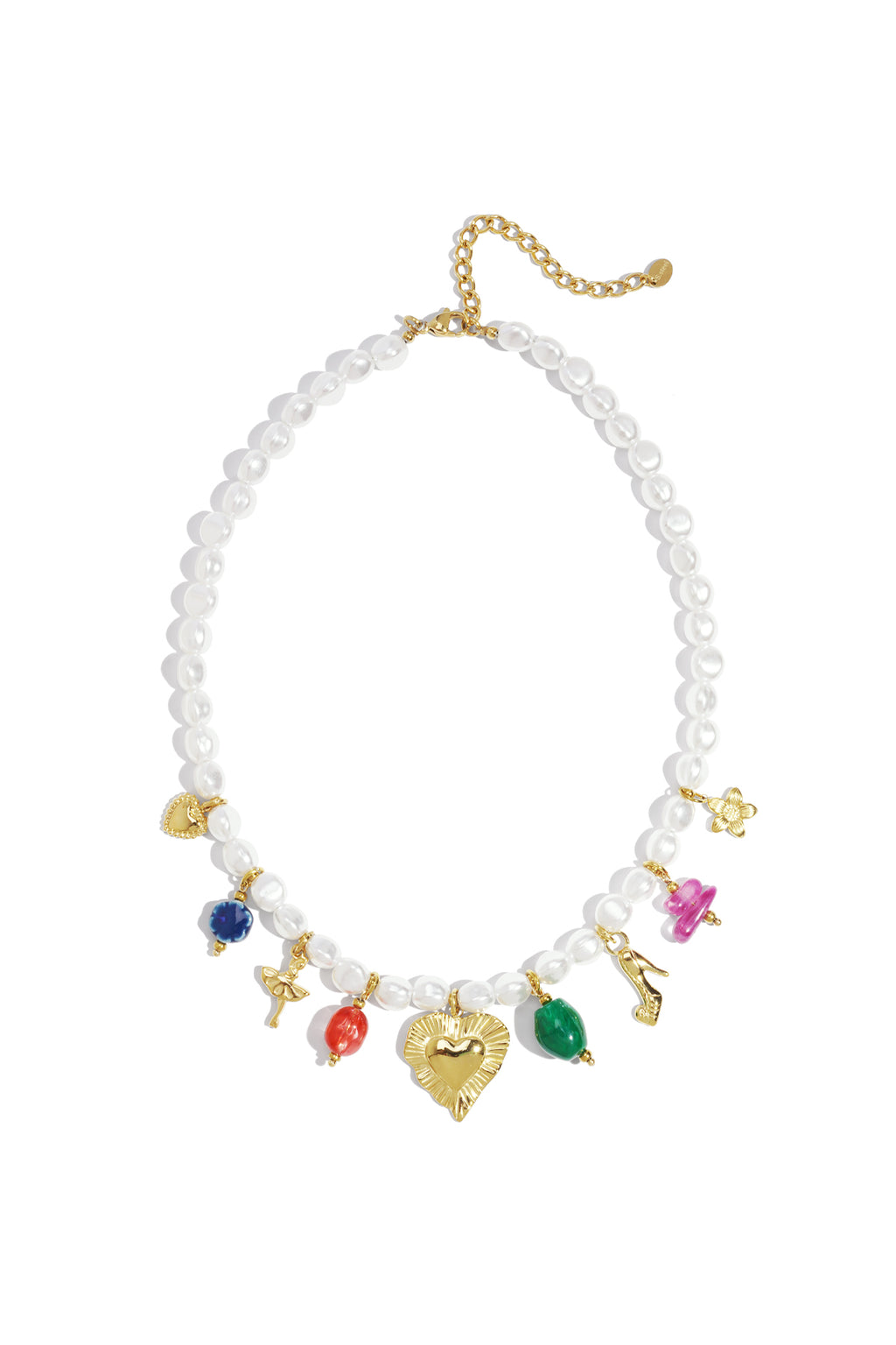 Witte parel ketting met kleurrijke gouden charms en hart hanger
