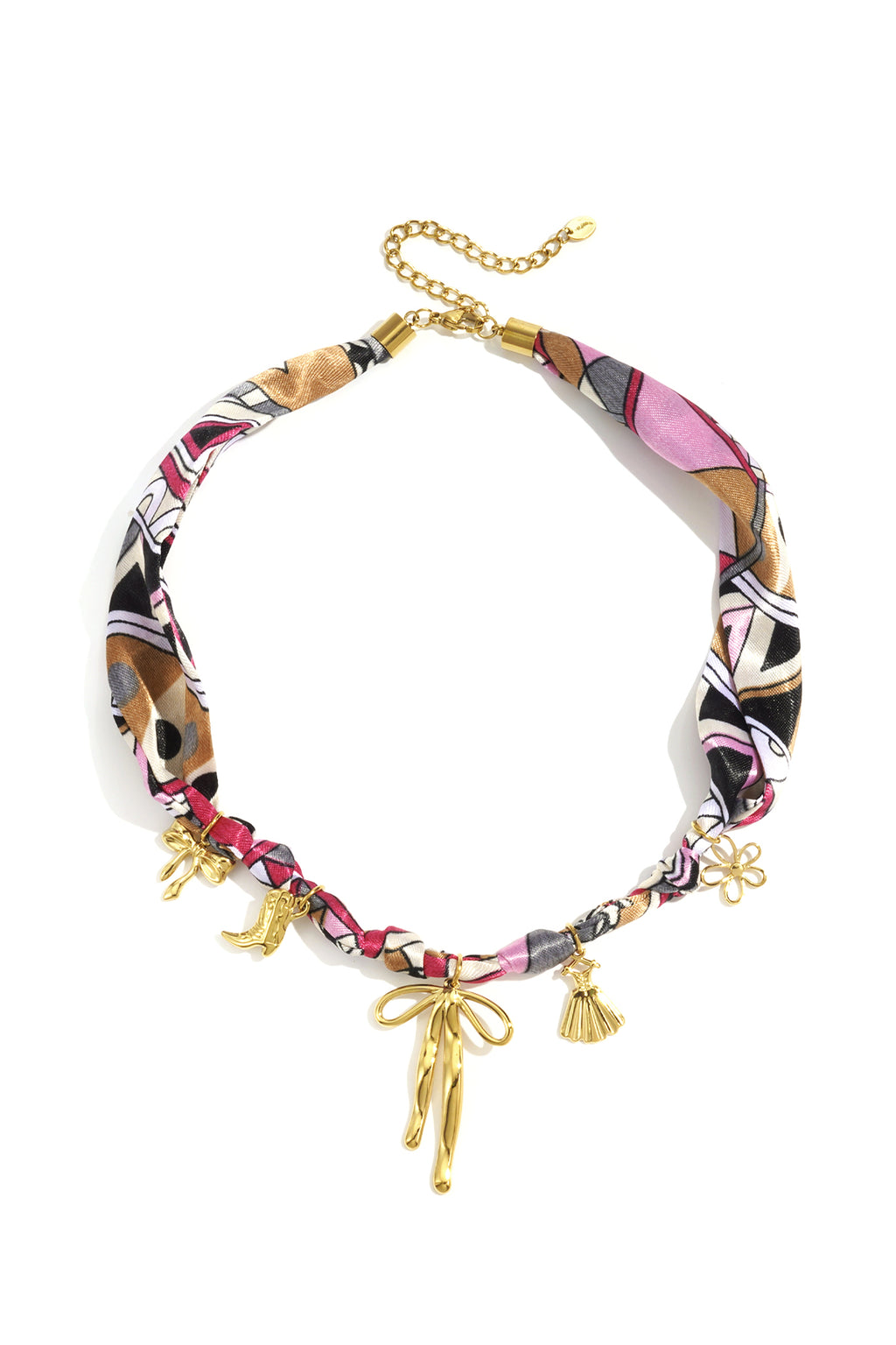 Abstract gekleurde sjaal ketting met goudkleurige strik hanger