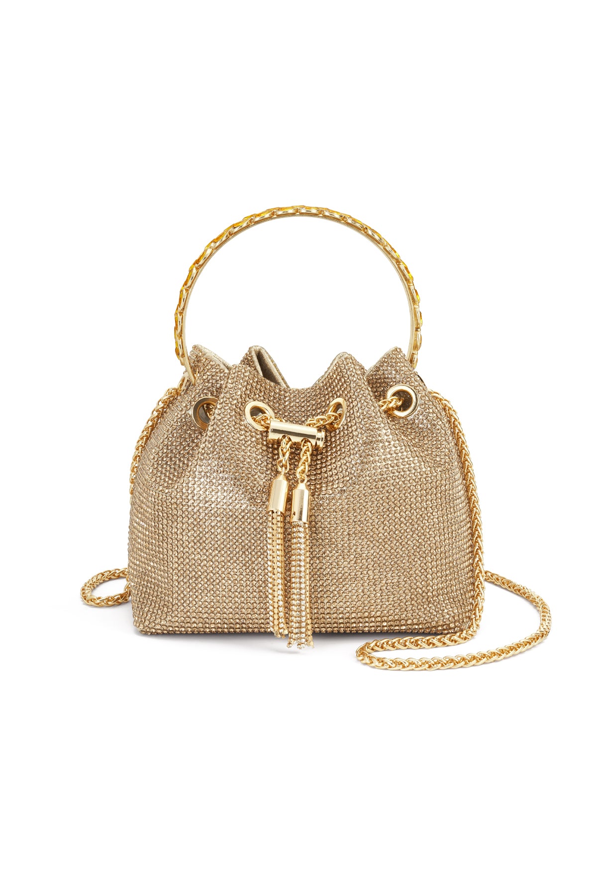 Kleine goudkleurige metallic bucket tas met gouden ringhengsel